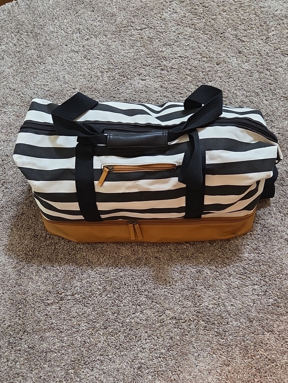 DSW Striped Canvas Travel Duffle Bag with Zipper Bottom Compartment